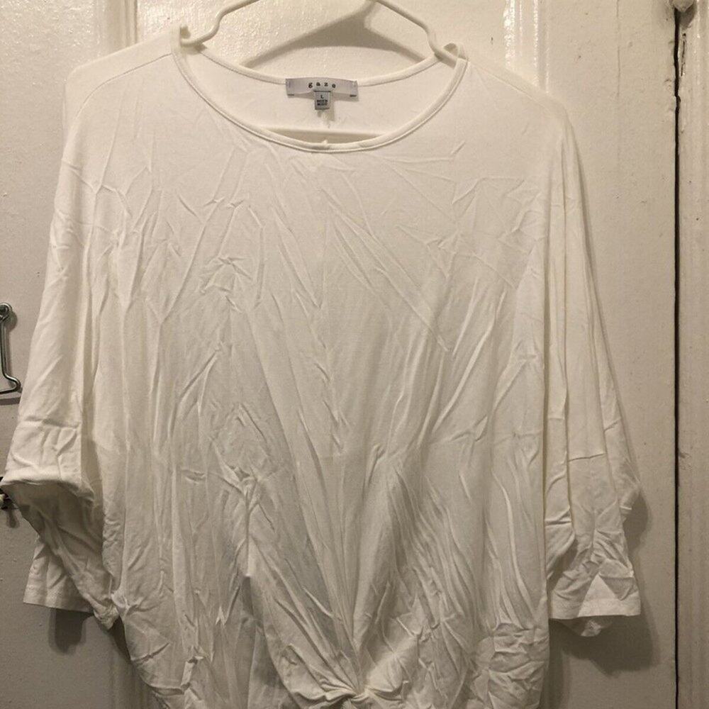 GAZE White Ruched Twist Hem 3/4 Sleeve Top Size Large